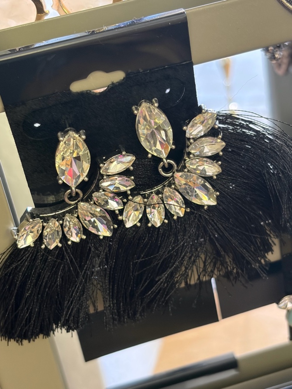 Funky Boho Crystal Fringe Drop Earrings - Black & Clear Crystals